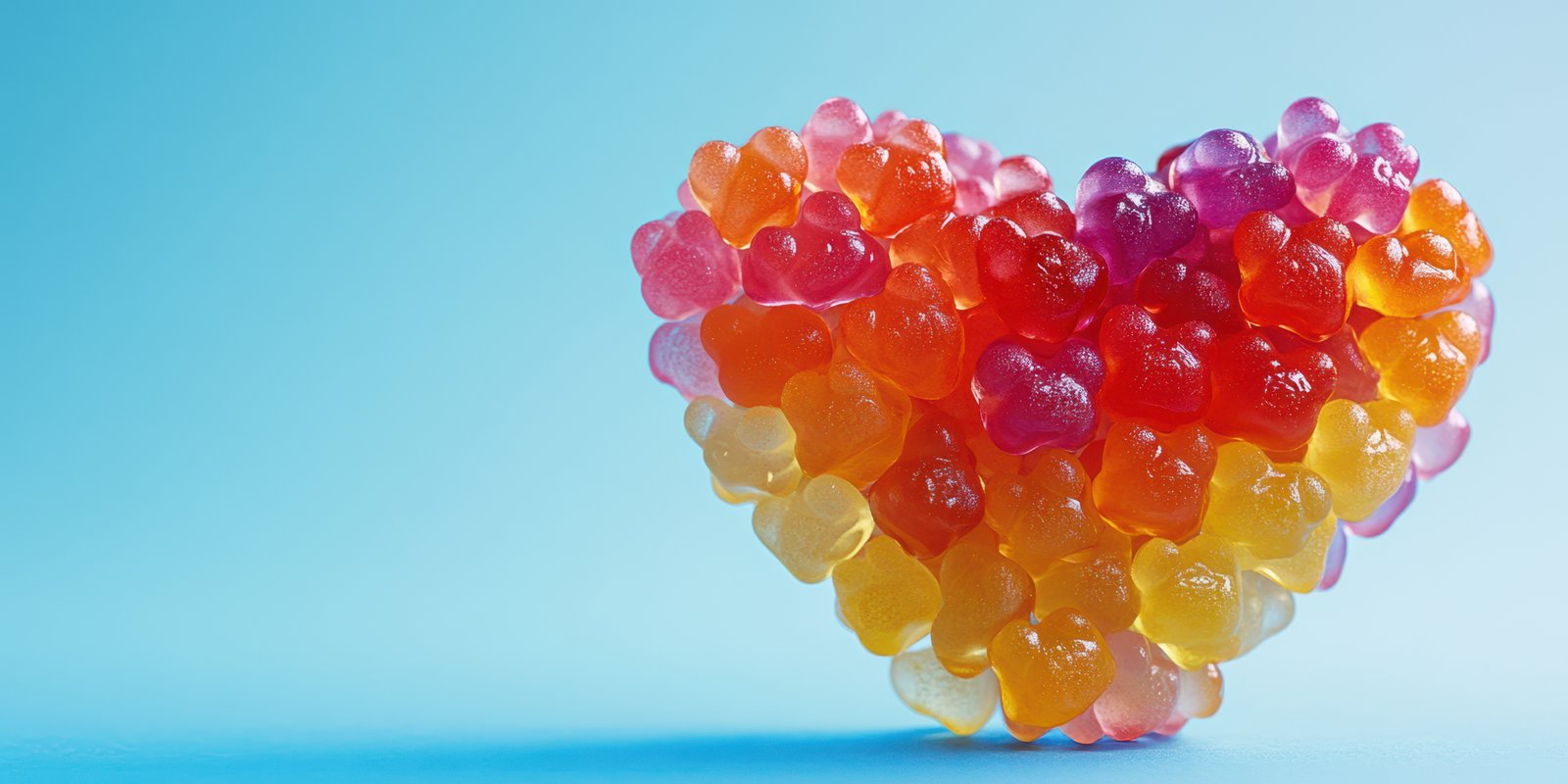 Colorful gummy heart on a blue background showcasing vibrant sweets arranged artistically during daylight